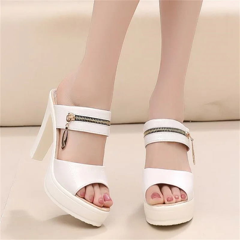 10.5cm good Quality Patent Leather Slippers for Women New High Heels Slides Women Platform Outdoor Office Slides Plus Size 32 43