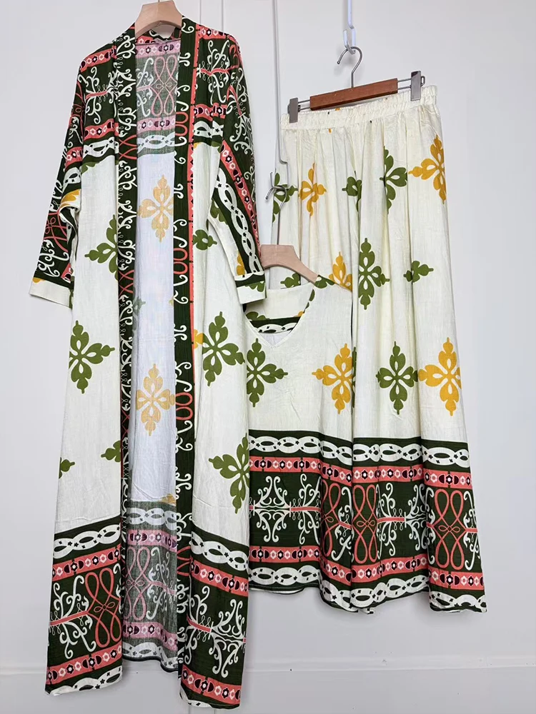 

Retro geometric print long cardigan three-piece set for autumn 2025 women's wear + pullover sleeveless vest + loose skirt set