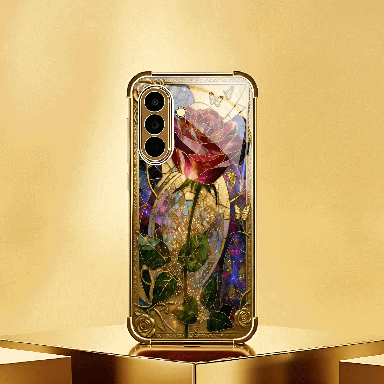 Gold border rose painted glass art piece with gold electroplated corners. Suitable for Samsung Galaxy S21/22/23/24/25 PLUS/S21
