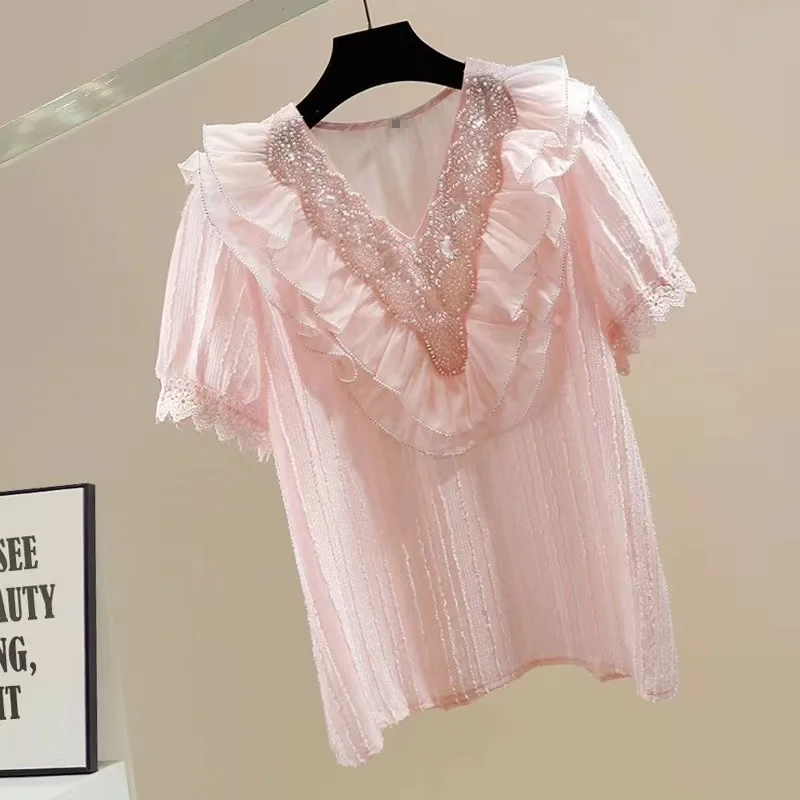 Luxury Style Beaded Sequined White Pink Shirts Blouses Women Short Sleeve Chic Sweet Shirt Femme Tops Blusas