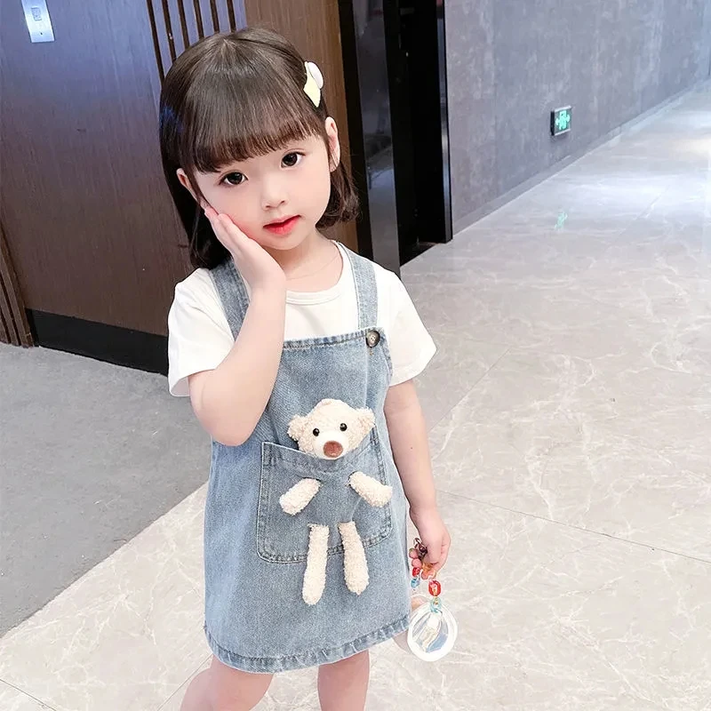 Summer girls dress set new baby short-sleeved T-shirt denim suspender skirt 2-piece children\'s clothes set