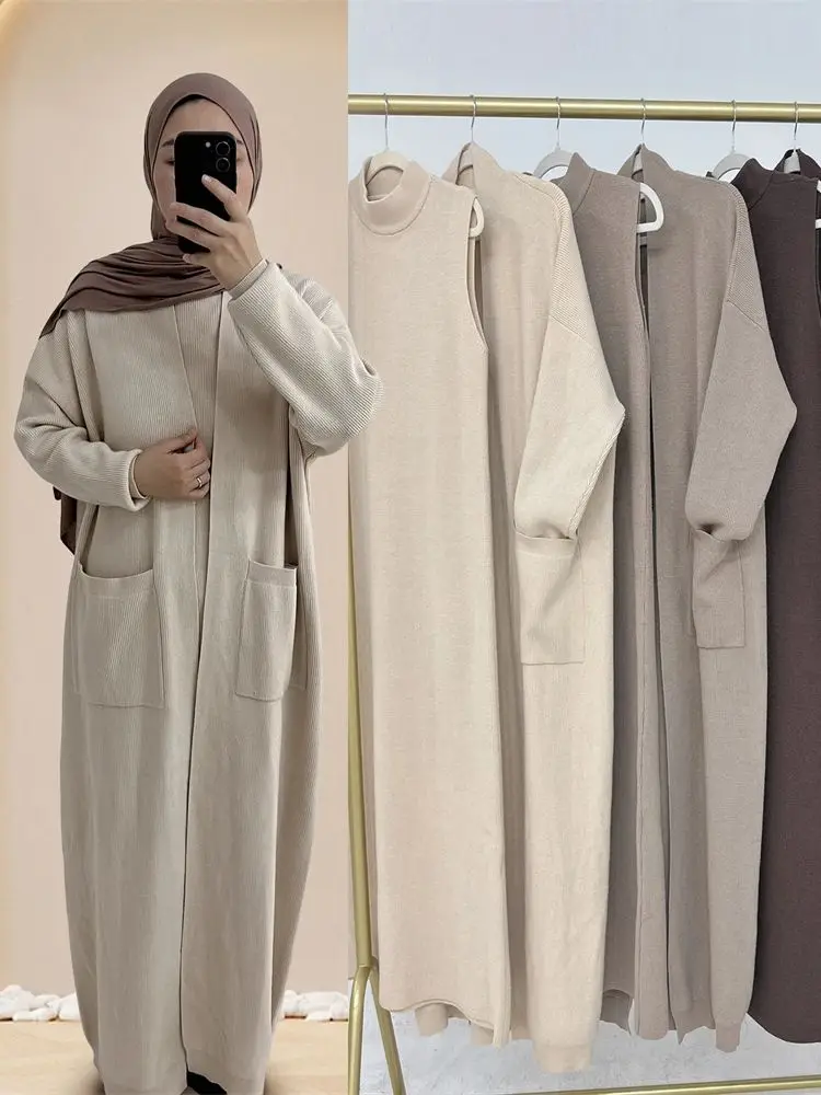 Ramadan Eid Mubarak Winter Sweater Prayer Islam Clothes For Women Robe Kimono Femme Musulmane Open Abaya Muslim Modest Dress Set