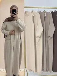 Ramadan Eid Mubarak Winter Sweater Prayer Islam Clothes For Women Robe Kimono Femme Musulmane Open Abaya Muslim Modest Dress Set