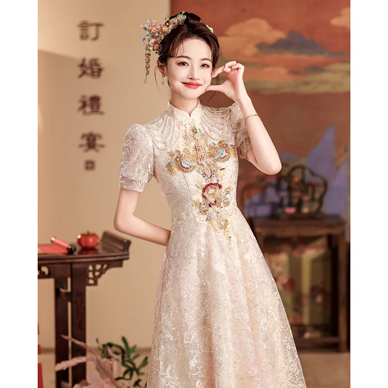 

Women Chinese Style Dress Luxury Sequins Flower Trim Chesongam Elegant Sleeveless Vestidos De Festa Exquisite Evening Gown