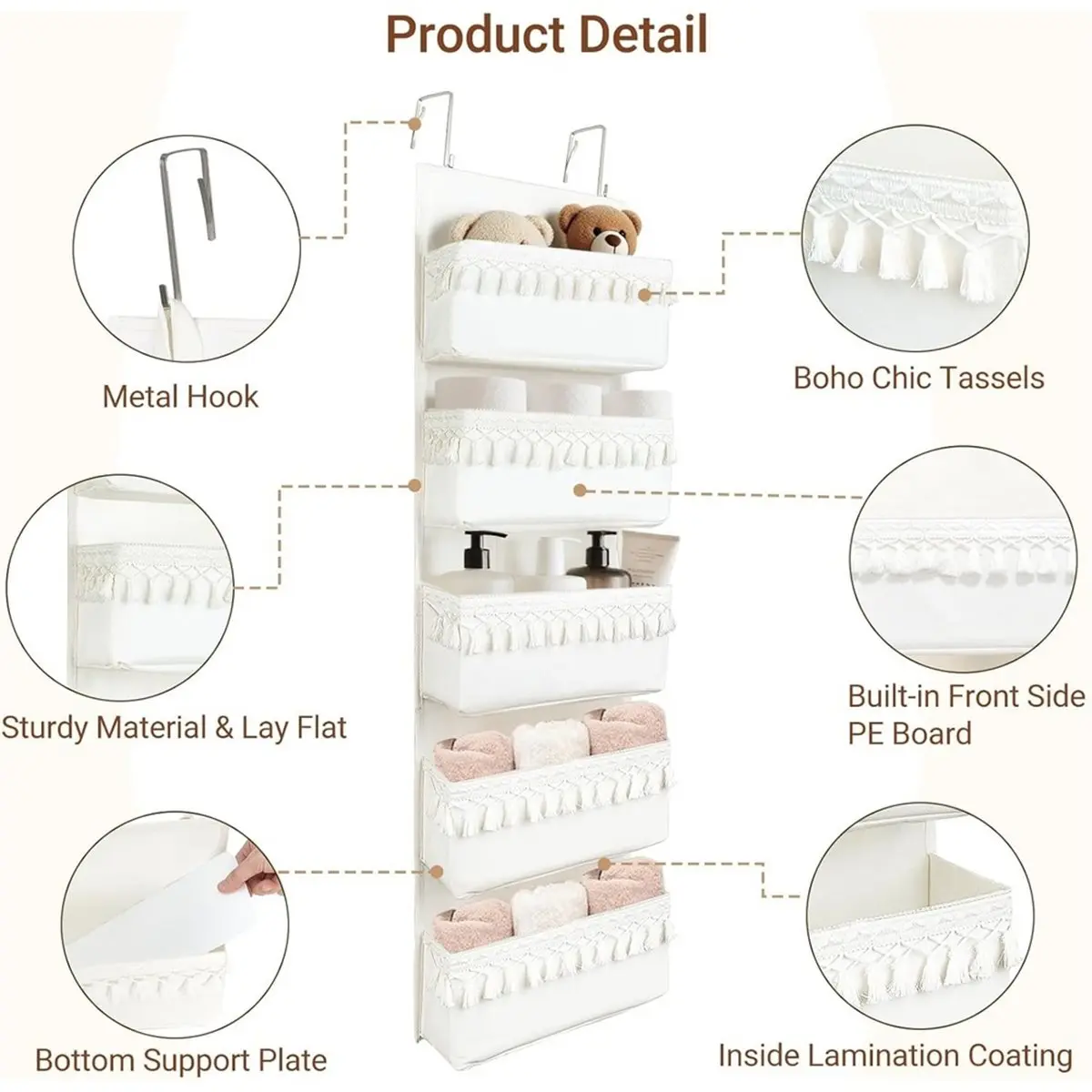 A409K Over the Door Organizer Nursery Storage Decor Closet Hanging Organizer with Tassels Decoration for Bedroom, 5 Pockets SUMM