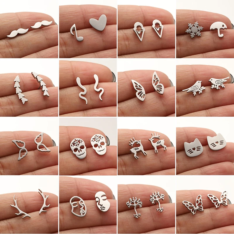 Stainless Steel Mini Stud Earrings Women Minimalist Snake Birds Butterfly Animal Earings Fashion Jewelry Music Neuron Punk Studs