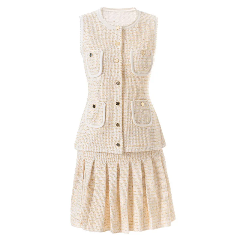 Heavy Beaded Women Sleeveless Top And Mini Pleated Skirt Set