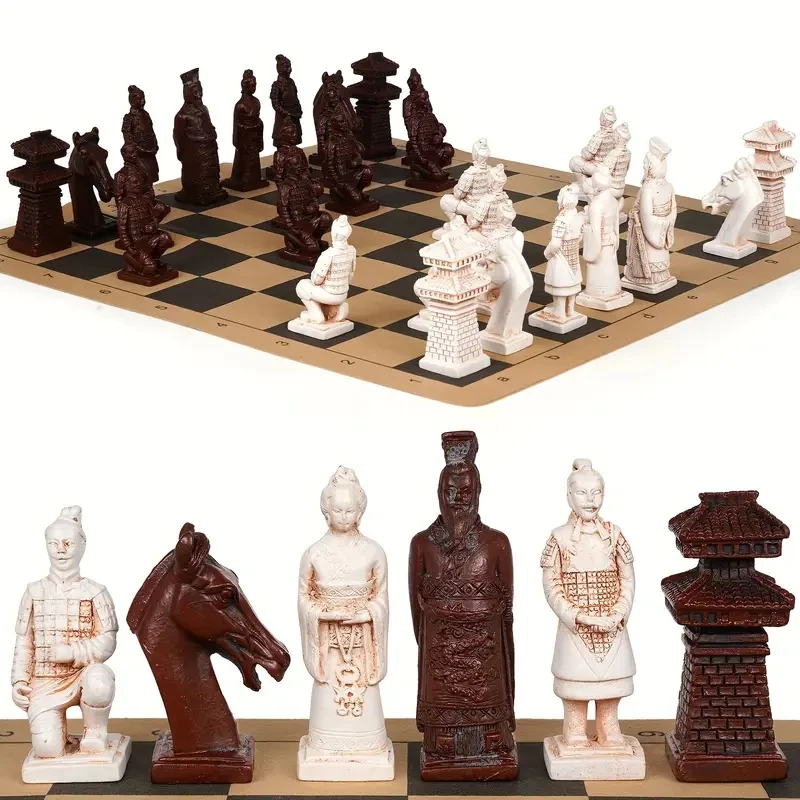 

New Large Imitation Ancient Chess 3D Terra-cotta Army Resin Chess Pieces to Do Old Treatment Leather Chessboard 43cm/16.93inch
