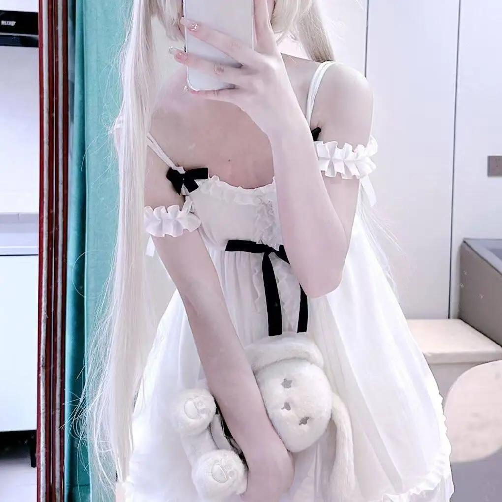 Adorable Soft Girl Sleepwear Dress Y2K Princess Style Cosplay Costume Cute Strap Nightgown Anime Themed Bishoujo Girl Dress