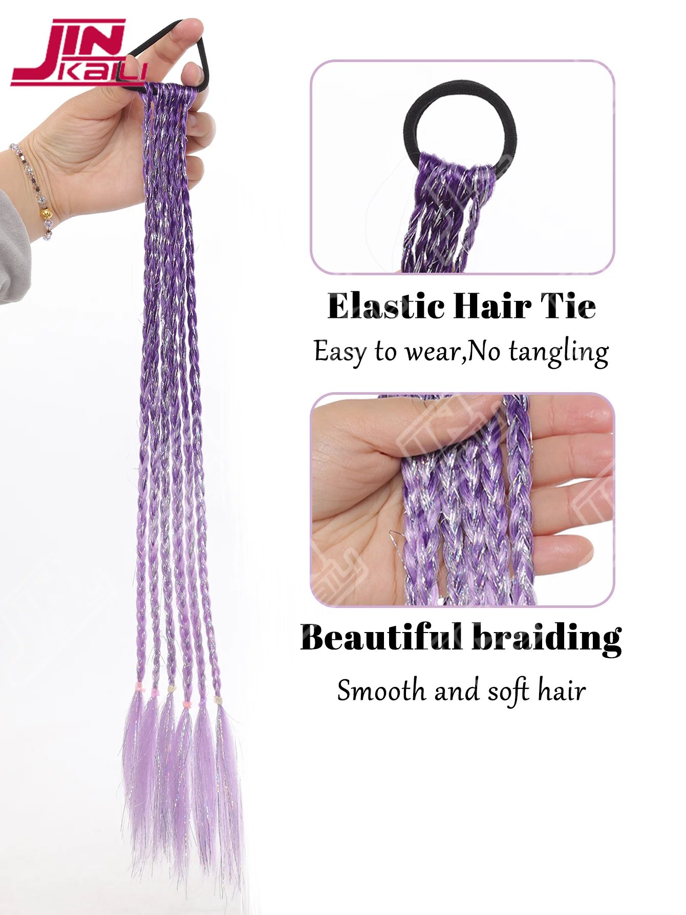 JKL Girls Synthetic Purple Ombre Braids Hair Extensions Rubber Bands,Dark&Light Purple Golden Silver Line Gradient Ponytail