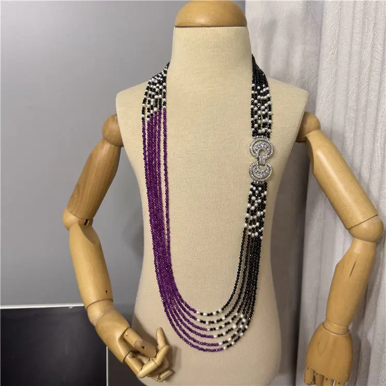 Black Spinel Pearl Long Sweater Fashion Women Neck Jewelry