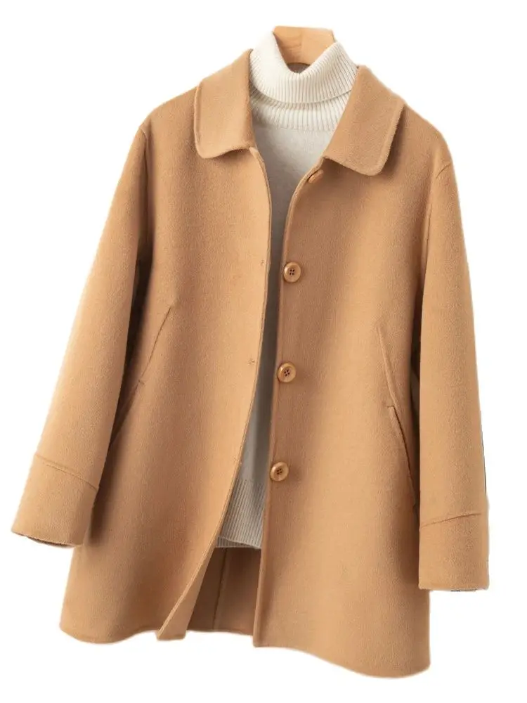 CAIXINGLE-abrigo de lana de doble cara para mujer, Chaqueta larga de Cachemira con botonadura sencilla, estilo coreano, para otoño e invierno, 2024