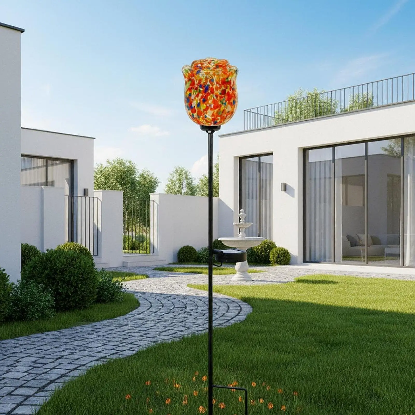 Outdoor Solar Garden Lamp Glass Rose Stake Waterproof Iron Craft Glowing Flower for Walkway Lawn and Balcony