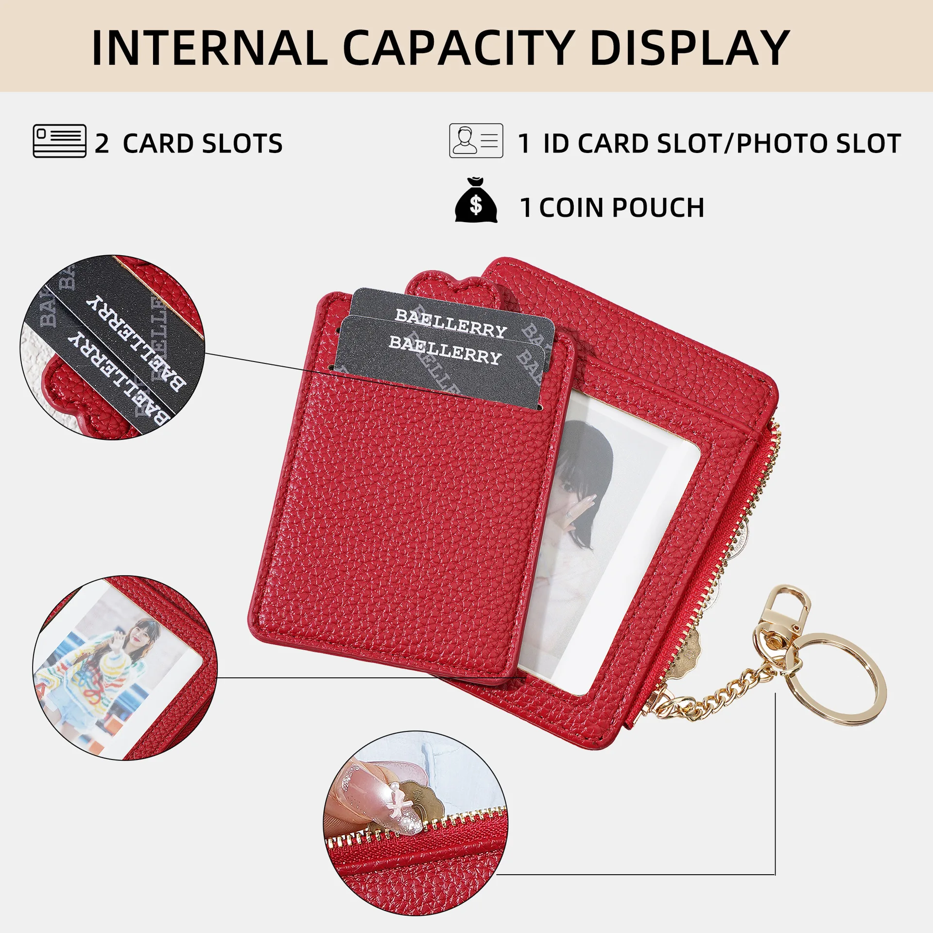 BAELLERRY Portable ID Badge Card Holder PU Leather Multi Card Slots Wallet Keychain Zipper Coin Purse Transparent Window Card