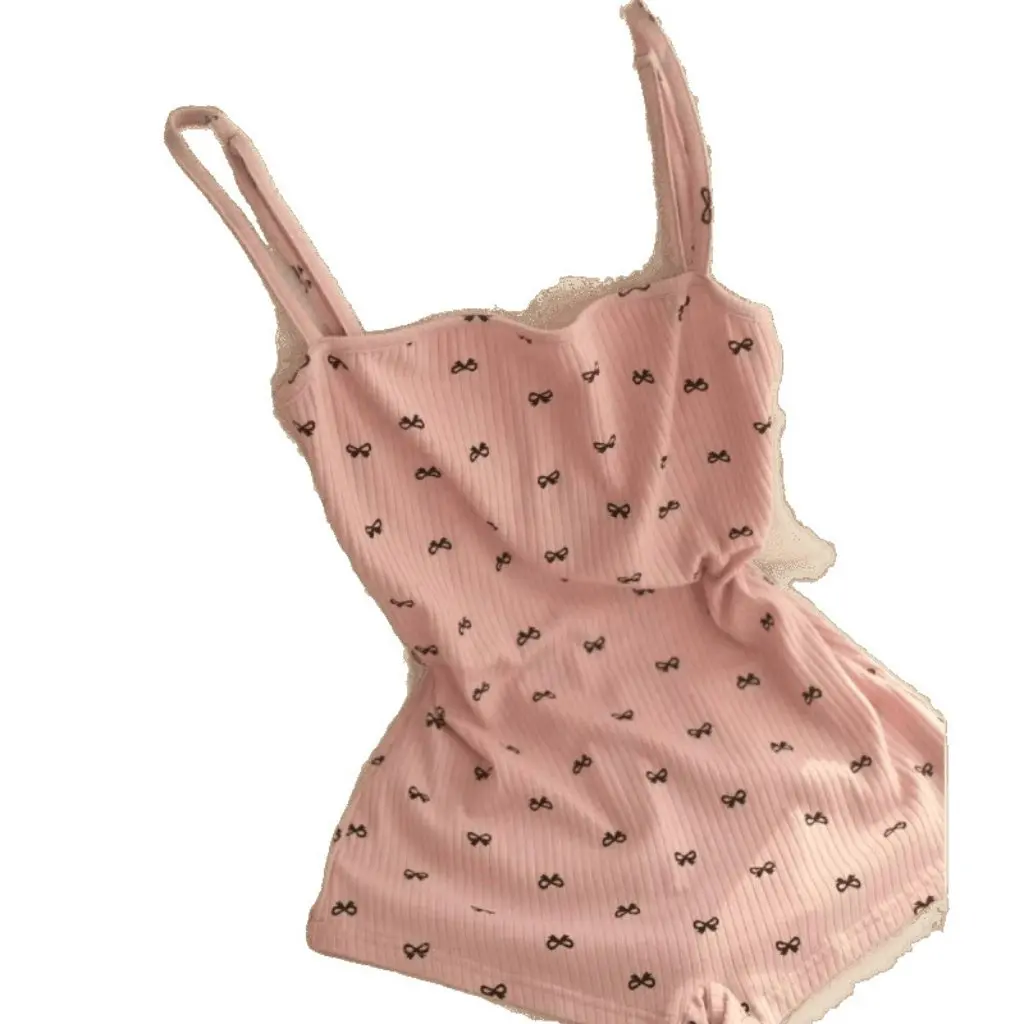 

plus Size Chubby Girls Sweet Spicy Backless Lace-Up Bow Printed Pink Slim-Fit Jumpsuit Home Shorts for Women