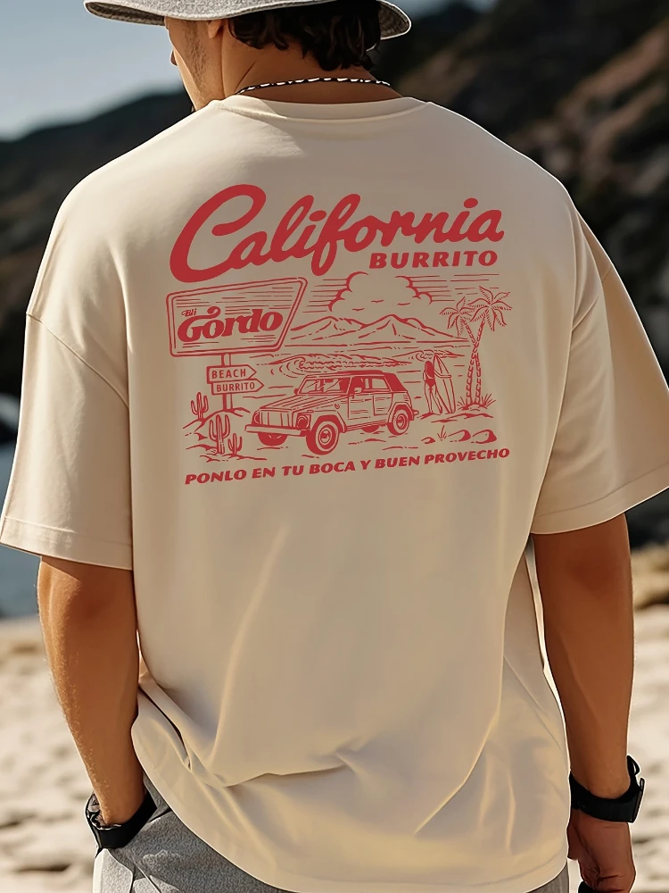 Men's retro pattern-retro car and surf print, breathable 100% cotton summer casual O-neck short-sleeved T-shirt.