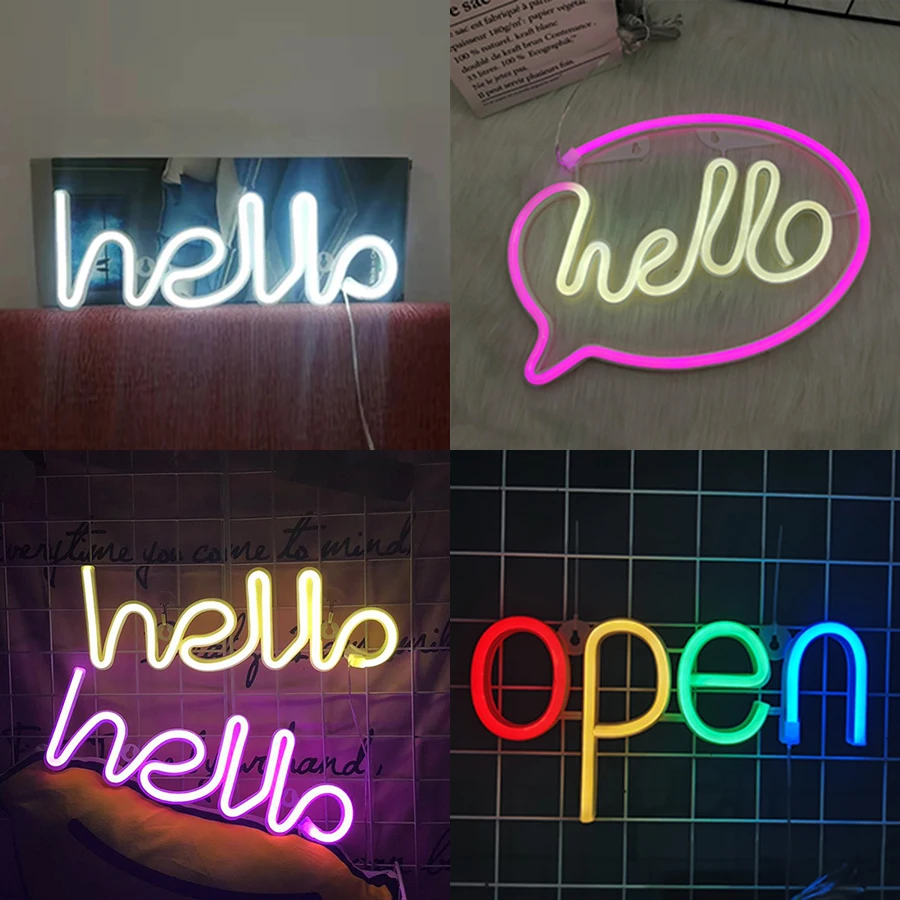 HELLO Figure LED Neon Lights Hanging Table Signs Lamp Shop Greeting Decor Home Wedding Window Night Light Ornaments Gift