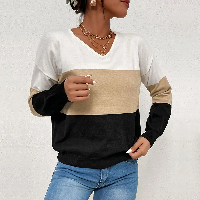 

Woman Sweaters Knitted Pullover Women Spring Autumn Sweater V-Neck Long Sleeve Striped Printed Tops AA4483