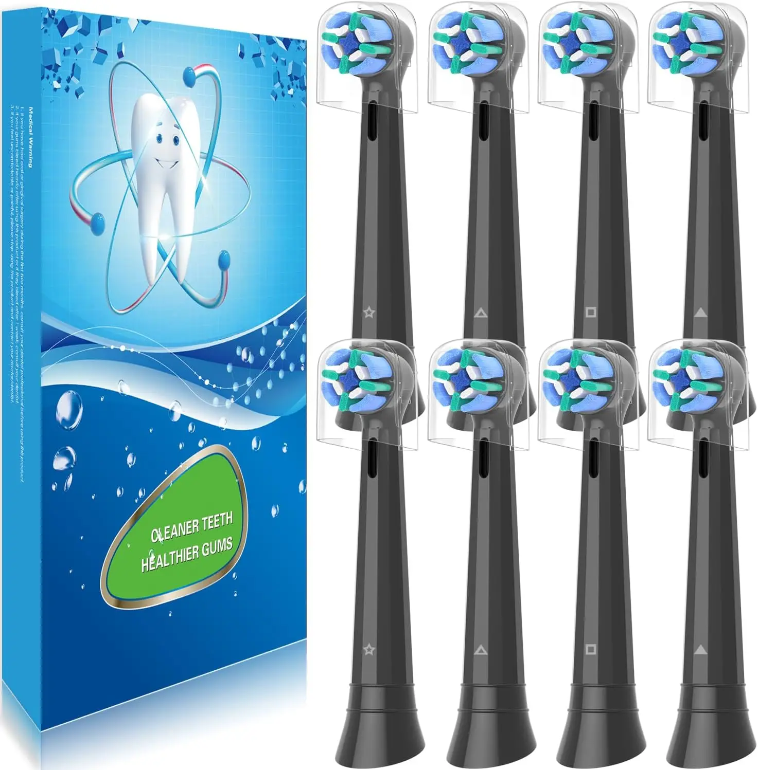 

8-Pack Electric Toothbrush Replacement Heads with Covers, Soft Bristles for Gentle Cleaning, Black