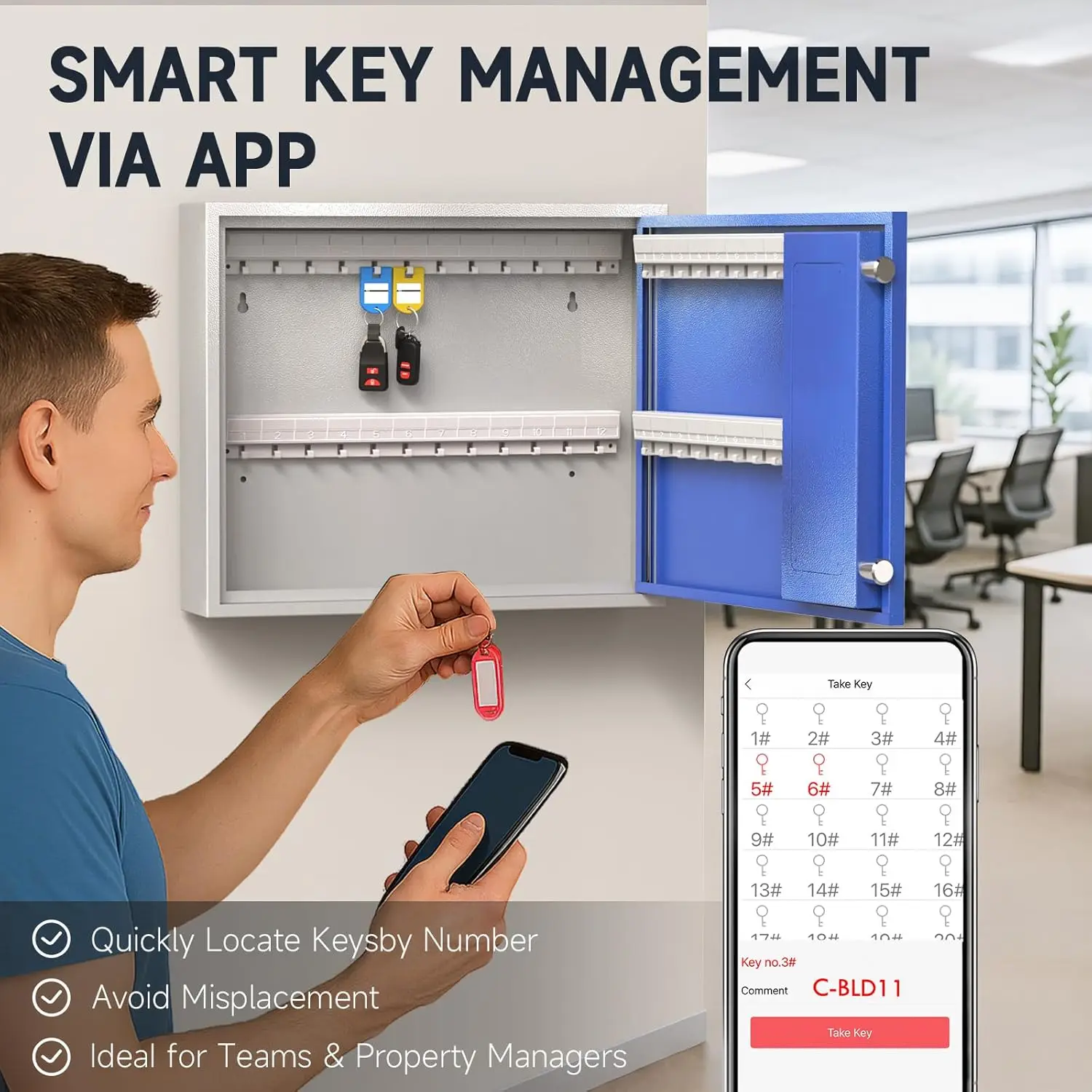 WeHere 40 Key Box Wall Mount,Metal Locking Key Cabinet Organizer with Key Tags Key Safe Security Storage Lockbox Holder