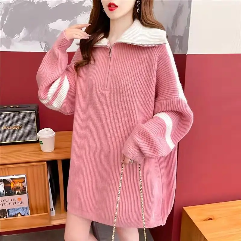 Thickened Long Sleeve Sweaters New Spring Autumn Color Block Turtleneck Zipper Fashion Casual Loose Mid Length Version Tops