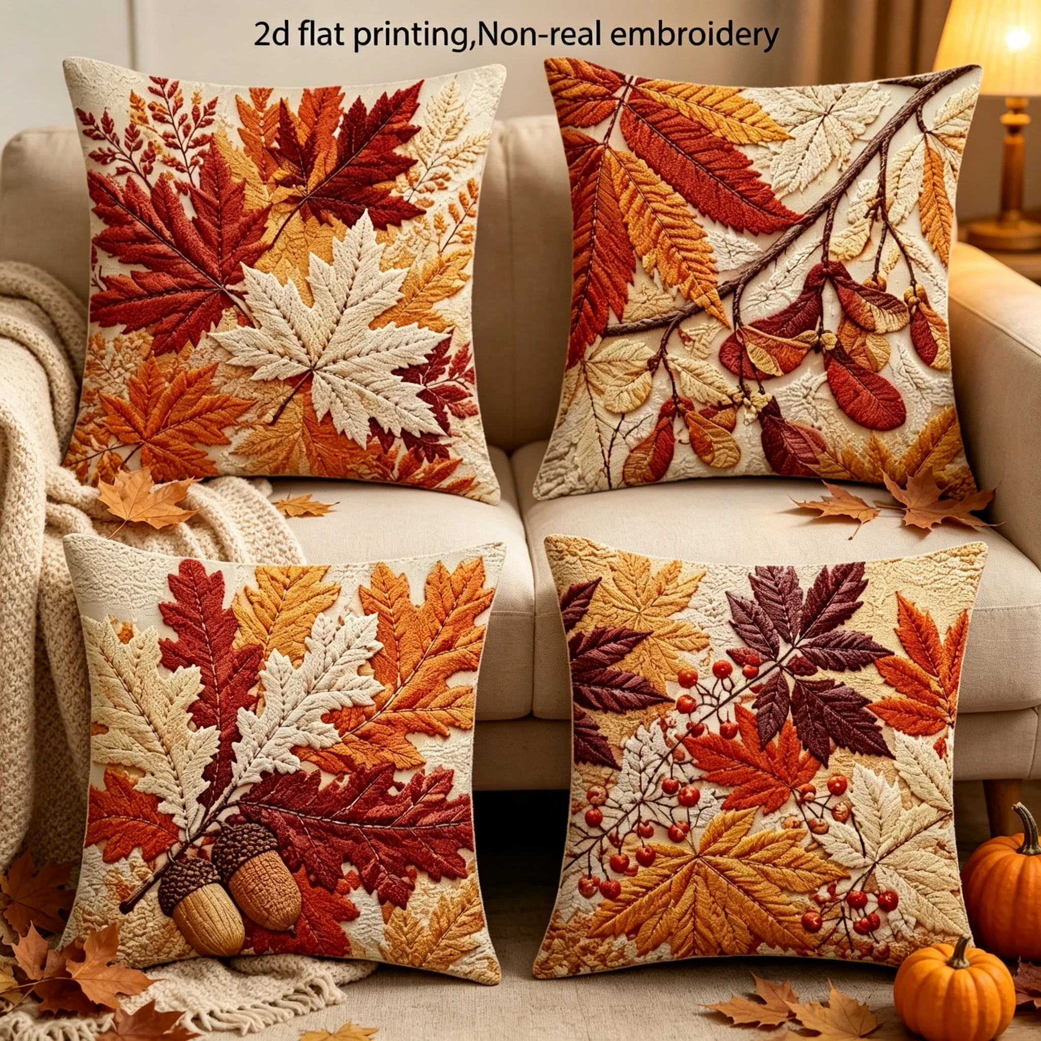 4Pcs Fall Maple Leaf Pillow Covers 2D Printed Non Real Embroidery Cushion Covers Autumn Farmhouse Thanksgiving Sofa Decoration