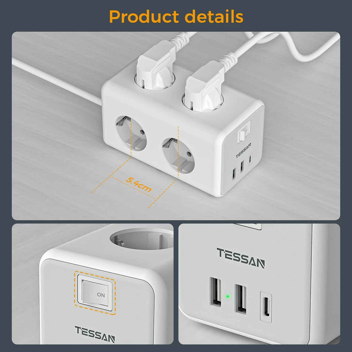 TESSAN Multiple Socket Power Strip with 6 Outlets 2 USB Ports 1 Type C Wall Mountable Cube Socket with Switch 2M Extension Cord