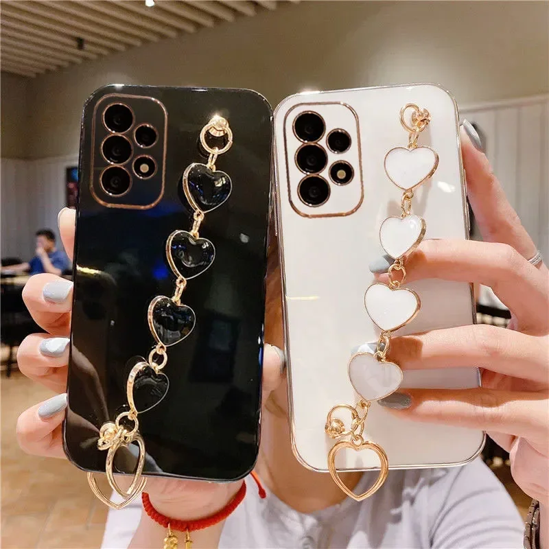 A15 A24 A52 A31 Fashion Plating Love Heart Bracelet Chain Case For Samsung Galaxy A14 A33 A53 A12 A22 A51 A20 Wrist Band Cover