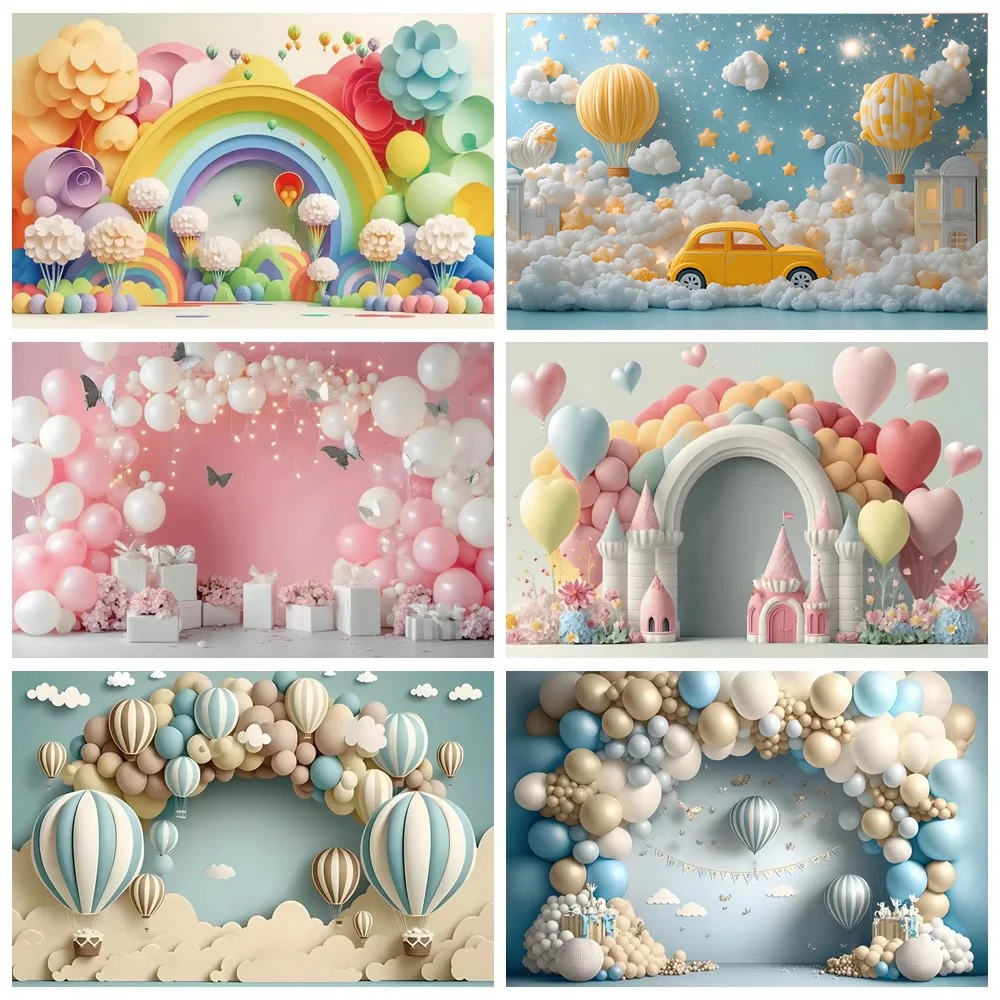 Fondo fotográfico con globos para fiesta de primer cumpleaños, telón de fondo con puerta arqueada, colorido, para recién nacido, Baby Shower y pastel