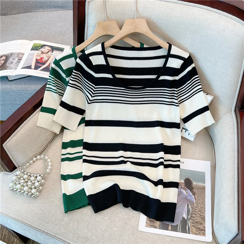 Summer Women\'s Stripe Sweater 2023 O-Neck short sleeve Knitted Casual Loose Thin T-shirt Large Size 4XL Female Pullover Mujer