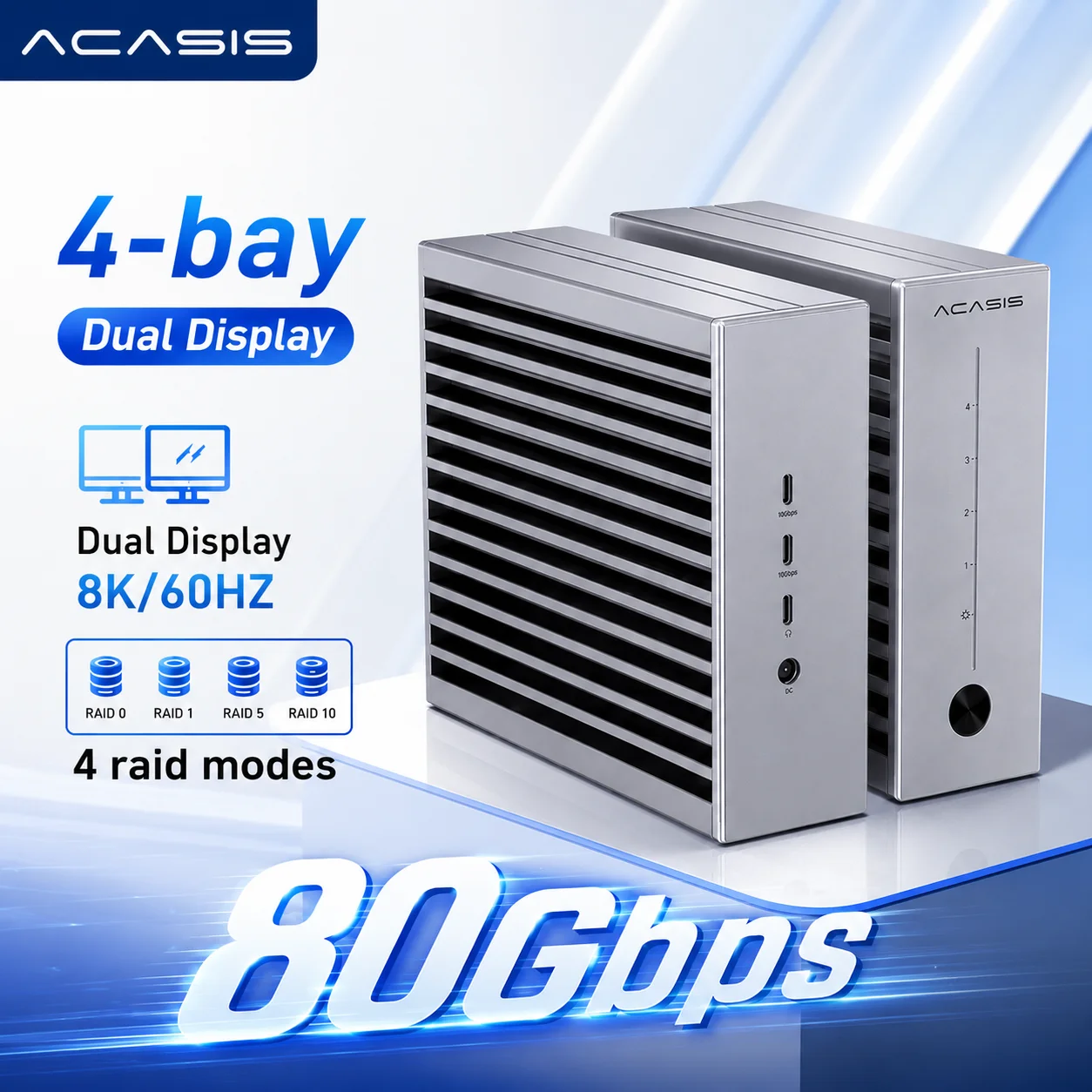 Acasis 80Gbps 4-Bay NVMe Enclosure, TB5 Compatible, RAID 0/1/5/10, 32TB Max, 8K 60Hz & 60W PD for PC/Mac
