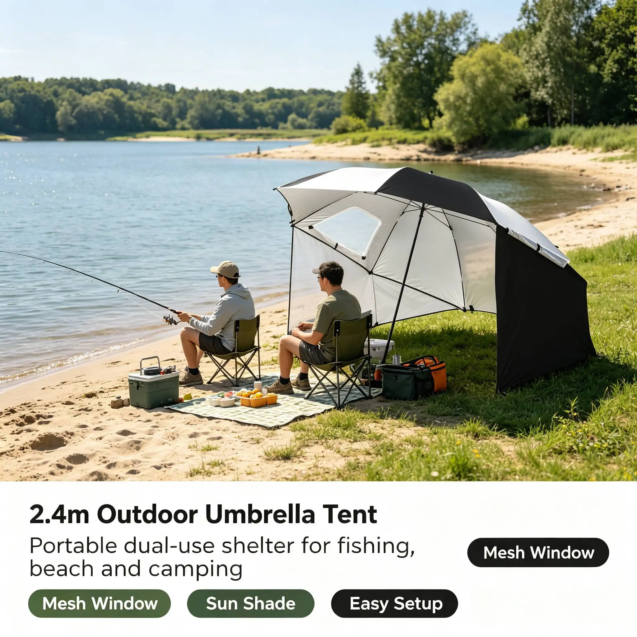 Fishing Umbrella Shelter Mesh Window Beach Umbrella Tent double Use Beach Canopy for Anglers, Campers Red Wo Inner Box