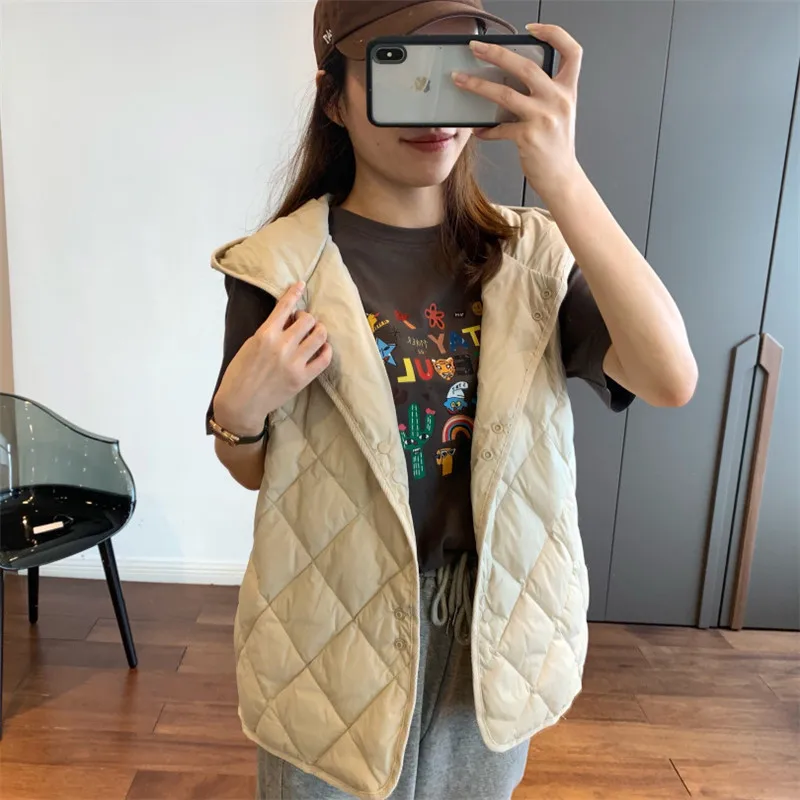 

Women Down Waistcoat Jacket Autumn Winter Warm Light Thin Lingge White Duck Down Vest Female Sleeveless Hooded Vests Short Coat