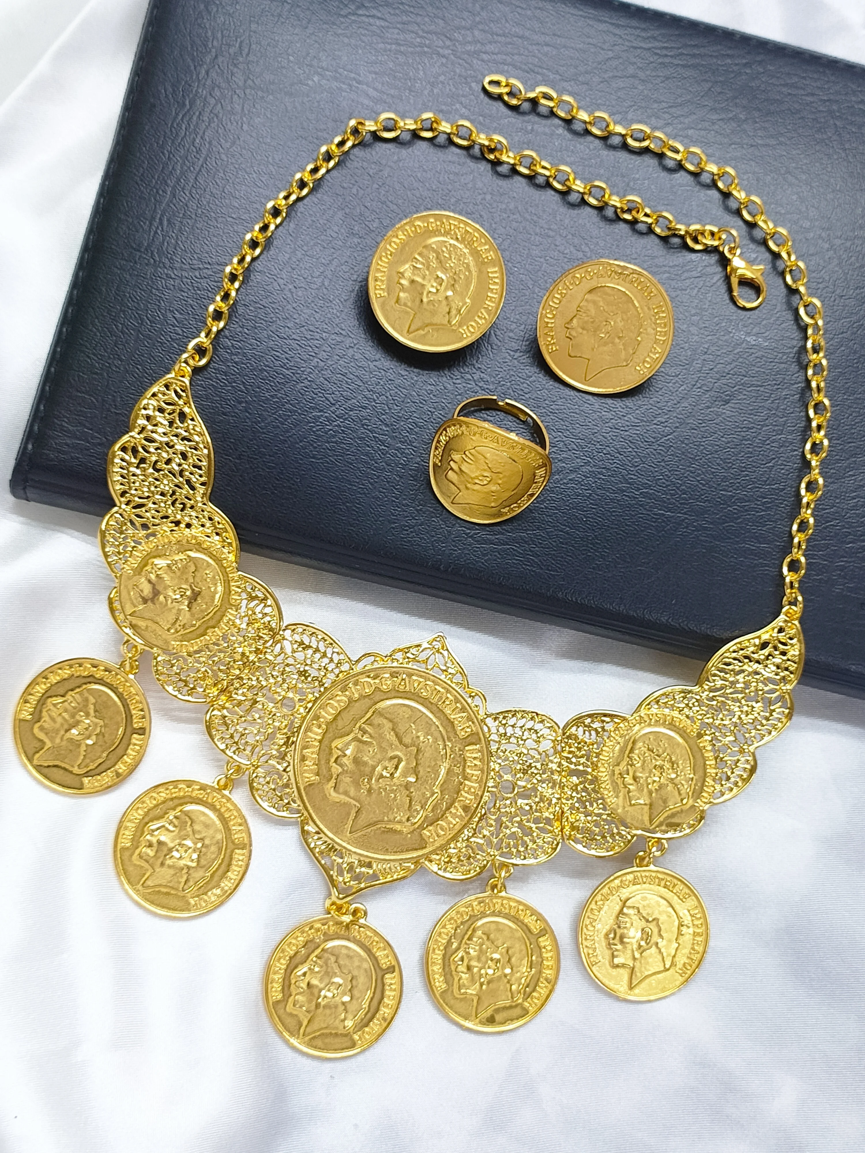 Indian Bridal Jewelry Set Dubai Coin Necklace Earrings For Women Wedding 24k Gold Color African Jwellery Bridesmaid Party Gift