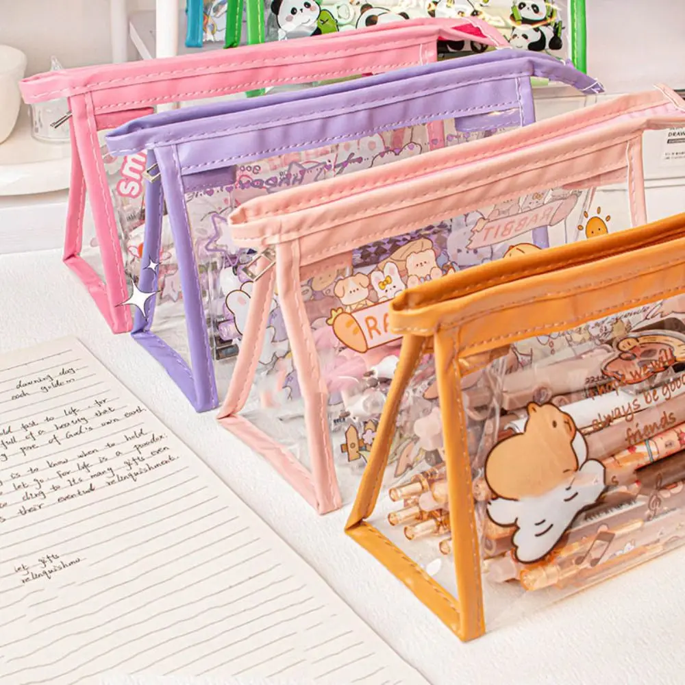 Triangle Capybara Pencil Case PVC Transparent Window Pen Bag Panda Large Capacity Stationery Storage Pouch