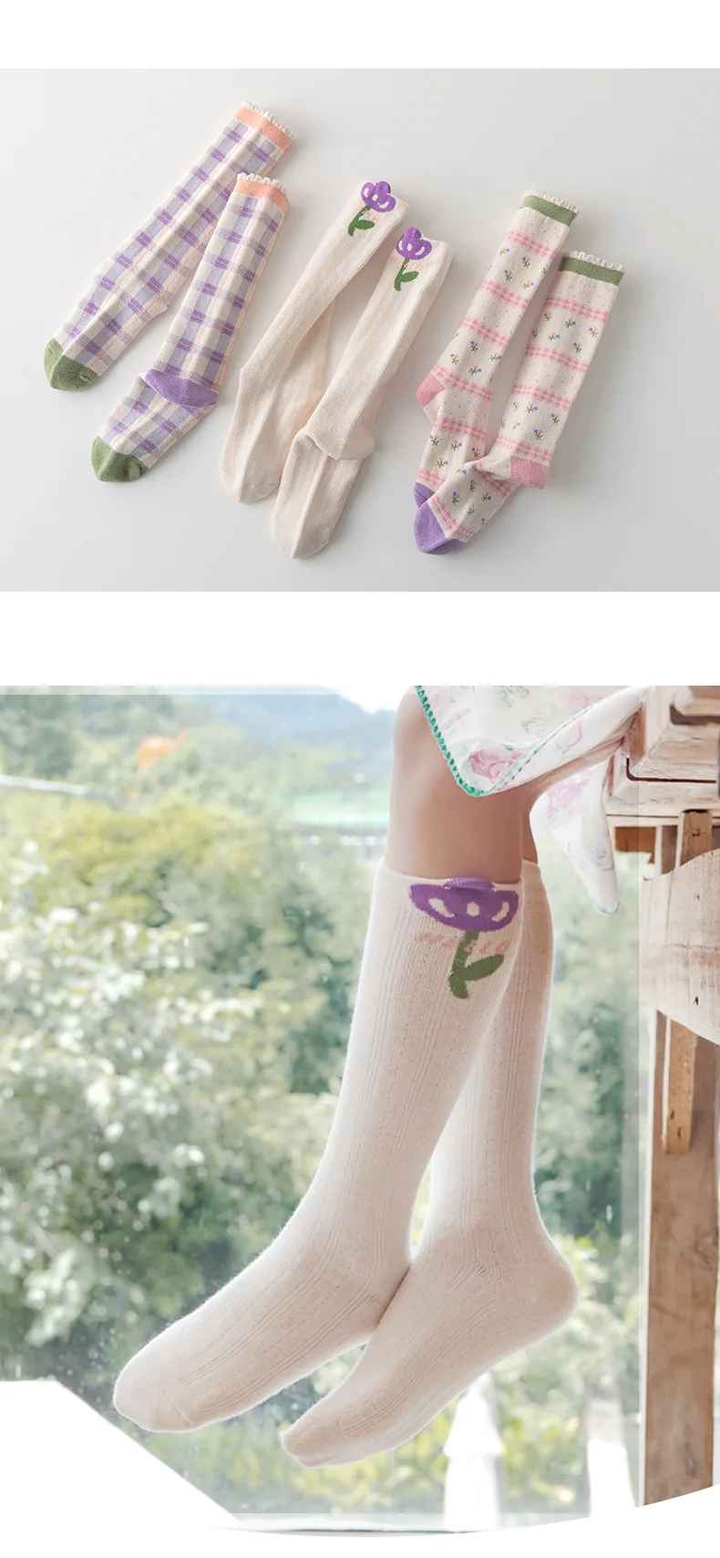 3 Paar lange Babysocken für Mädchen, Blumensocken, Frühling und Herbst, Mädchensocken, Kinder-Baumwollsocken für 1–12 Jahre – Detail 8