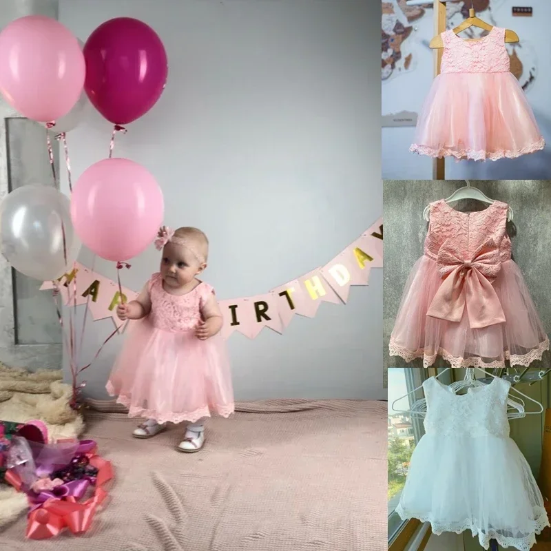 Baby Girls Birthday Dress for 1Y Newborn Baptism Pink Clothes Toddler Bow Princess Dress Kid Elegant Christening Party Tutu Gown