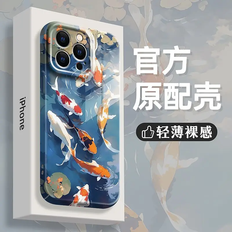 For IPhone 15 Phone Case New Iphone 14 Promax Koi Lotus Pond 13/12 Chinese Style Xsmax Film Case Xr