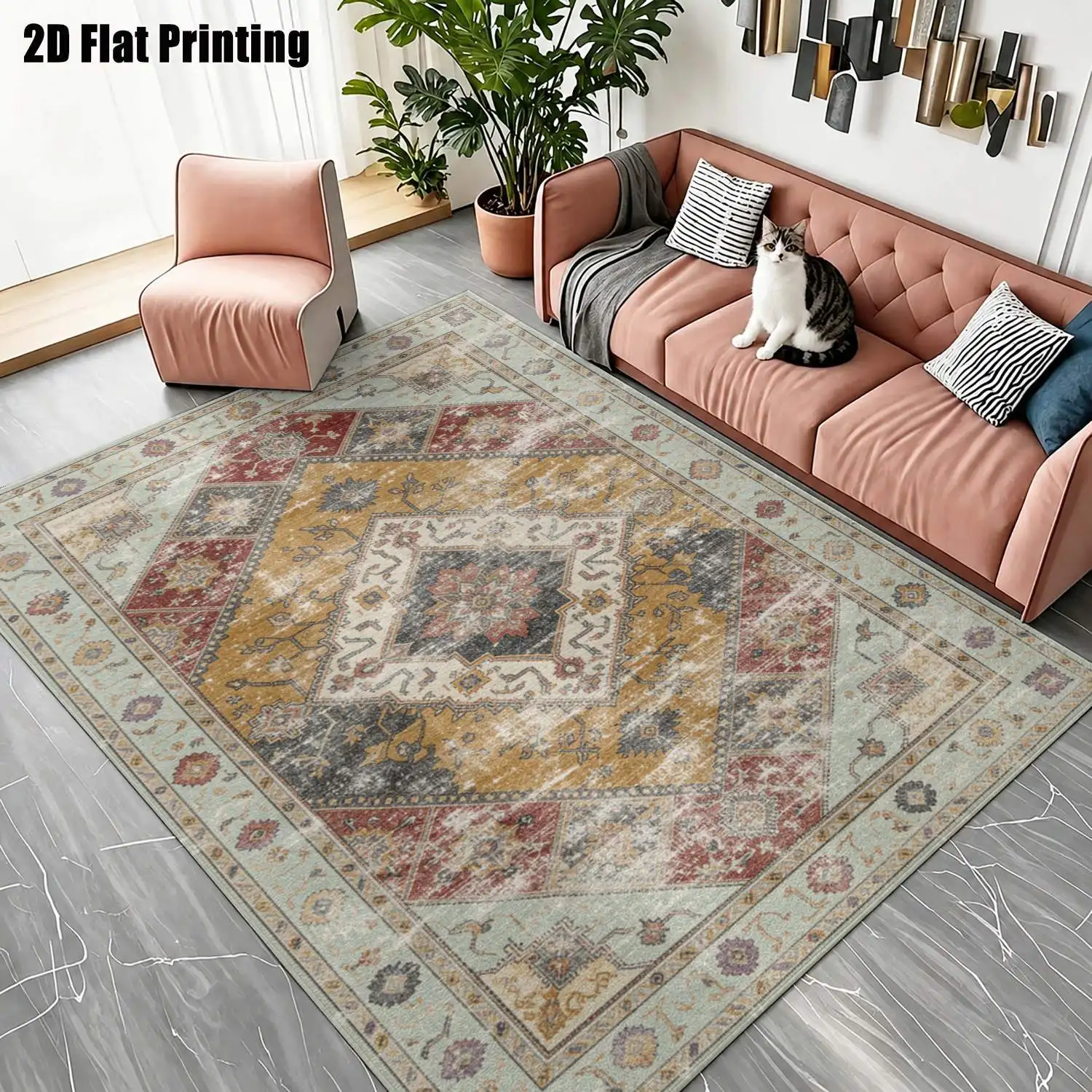 1Pc 2D Printed Carpet: Warm Brown Retro Geometric Floral Pattern, Suitable for European & Boho Decor, Multi-Size, Machine Washable, for Multi-Scene Use