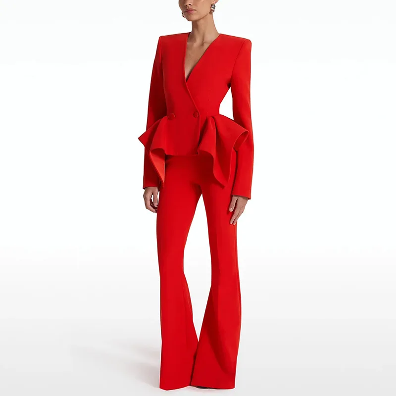 

Sexy Red V Neck Ruffles Design Blazer + Flare Pants Set Women Pants Two Piece Sets Single Button Jacket Set Party Evening Club