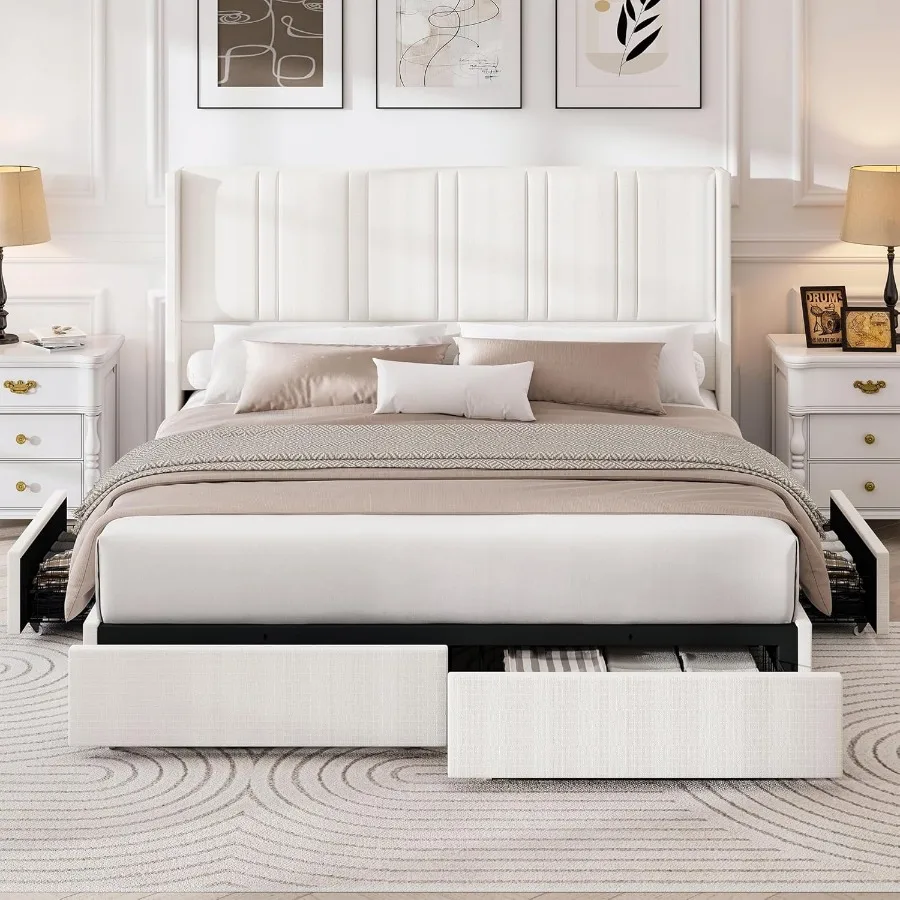 โครงเตียงควีนไซส์พร้อมลิ้นชักเก็บของ 4 ช่องและหัวเตียงแบบมีปีกหุ้มผ้าลินิน โครงเตียงแบบมีฐานรองพร้อมแผ่นไม้ระแนง ประกอบง่าย