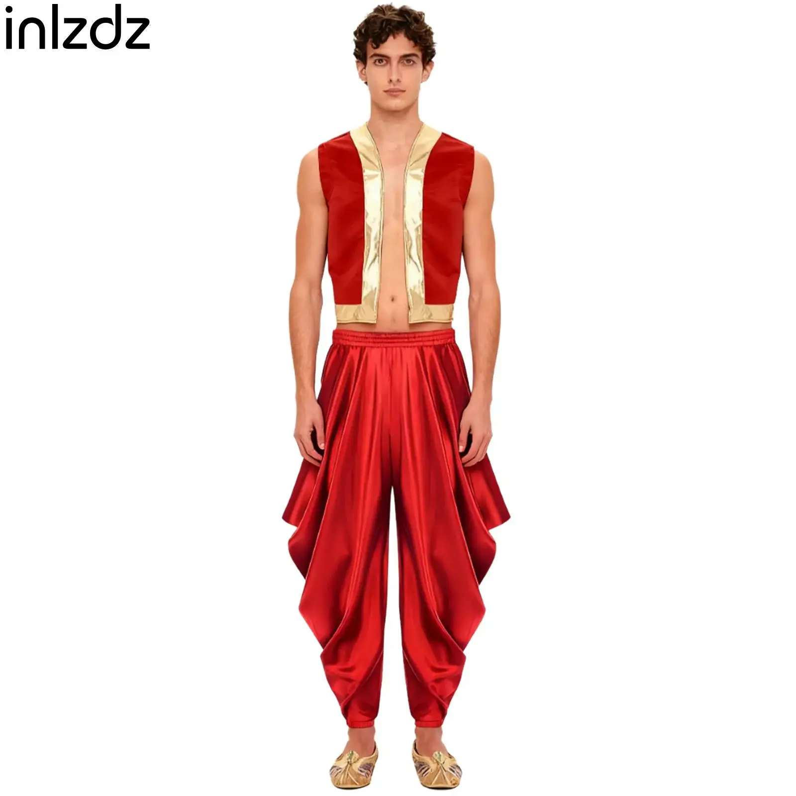 

Mens Halloween Arab Prince Cosplay Costume Open Front Vest+Loose Harem Pants 2-piece Suit Carnival Themed Party Performance Set