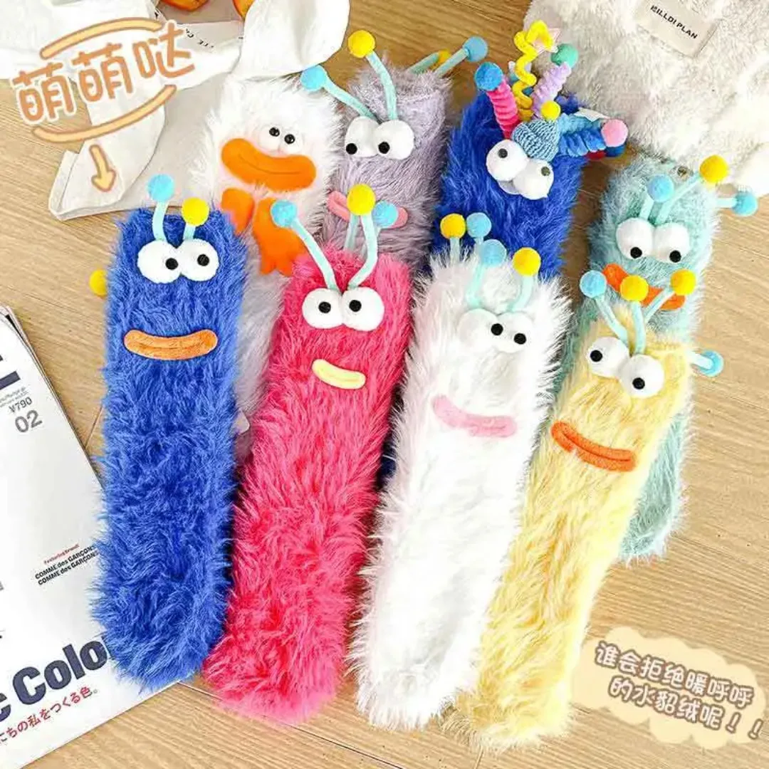 Warm Plush Socks with 3D Xmas Cartoon Eyes Funny Coral Velvet Thickened Sleeping Socks Parent-child Coldproof Fluffy Socks