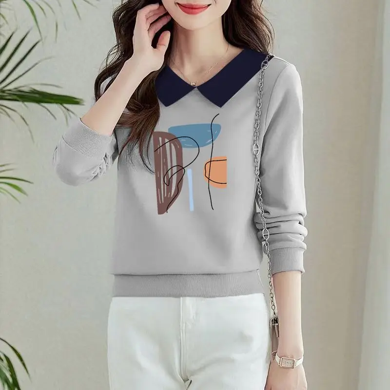 Office Lady Fashion Flower Letter Printing Pullover con colletto rovesciato abbigliamento donna manica lunga primavera autunno top eleganti