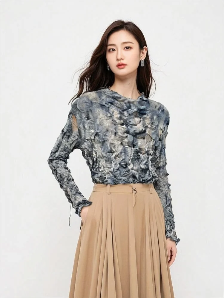 

Miyake Pleated Ink Wash Tie Dye Long Sleeved T-shirt for Women, Autumn 2025 New Slim Fit Retro High Stretch Top, Inner Layer