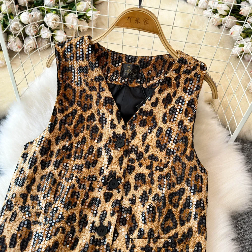 Sexy Girl Leopard Print Skirt Sets 2024 New Slim Sequins V-Neck Sleeveless Top and High Waist Skirt Two-piece Sets Womes Outfits