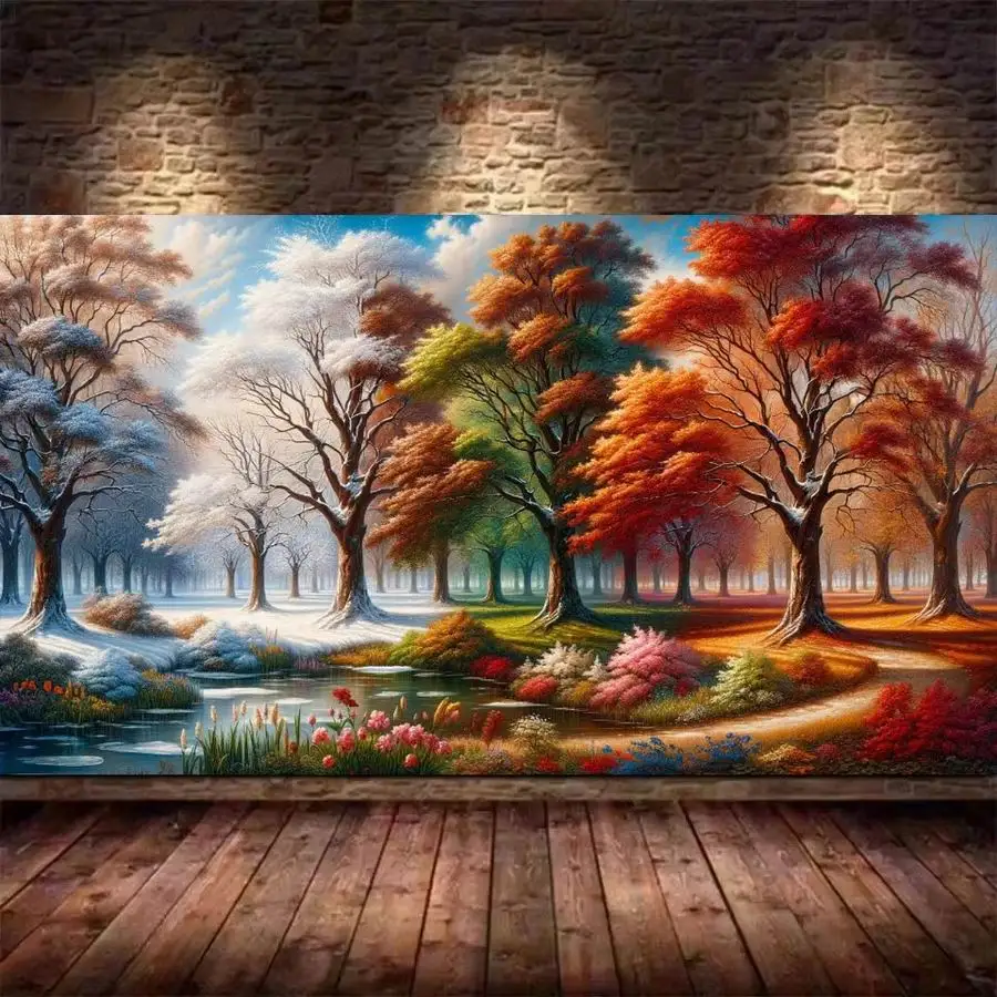 

Diy Diamond Painting Large Size Four Seasons Forest Scenery Full Rhinestone Drill Mosaic Embroidery Landscape Picture Wall Decor