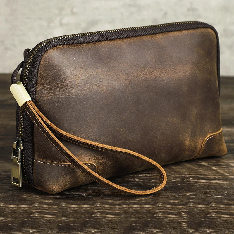 Vintage Men\'s Genuine Leather Clutch Bag Brown Cow Leather Storage Bag travel Toiletry kits wash bag genuine leather men women