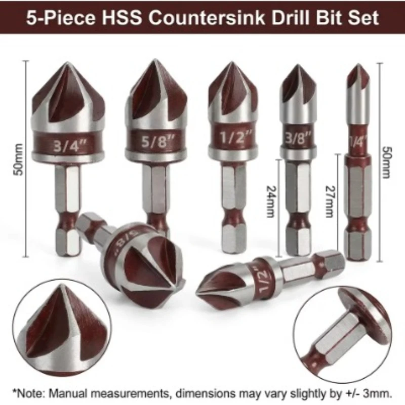 5pcs Red 82 degree five blade chamfering tool Drill Bit Set 1/4