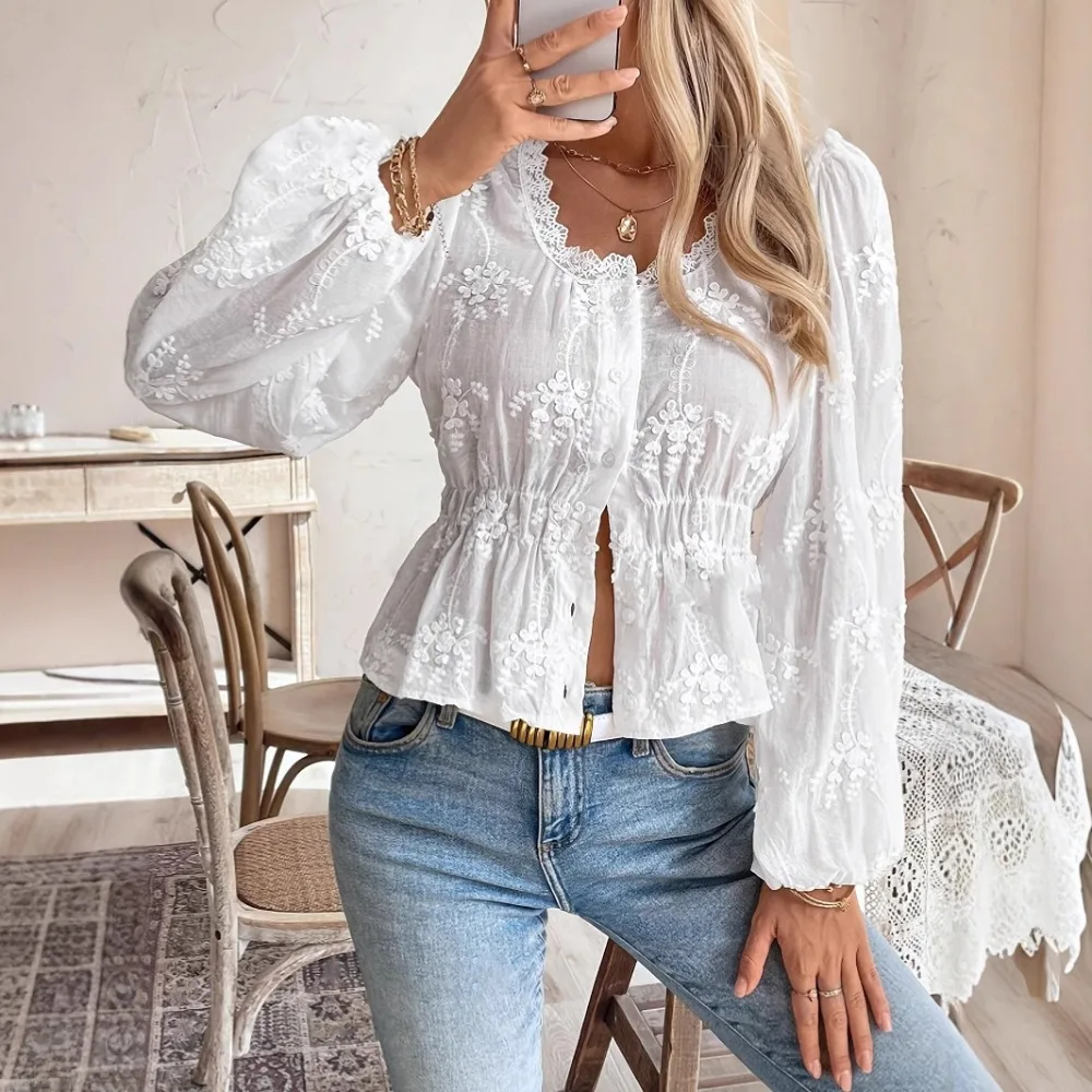 

Women Summer White Elegant Square Neck Slim Eleastic High Waist Flower Embroidery Long Sleeve Single Breast Blouse Tops T Shirts